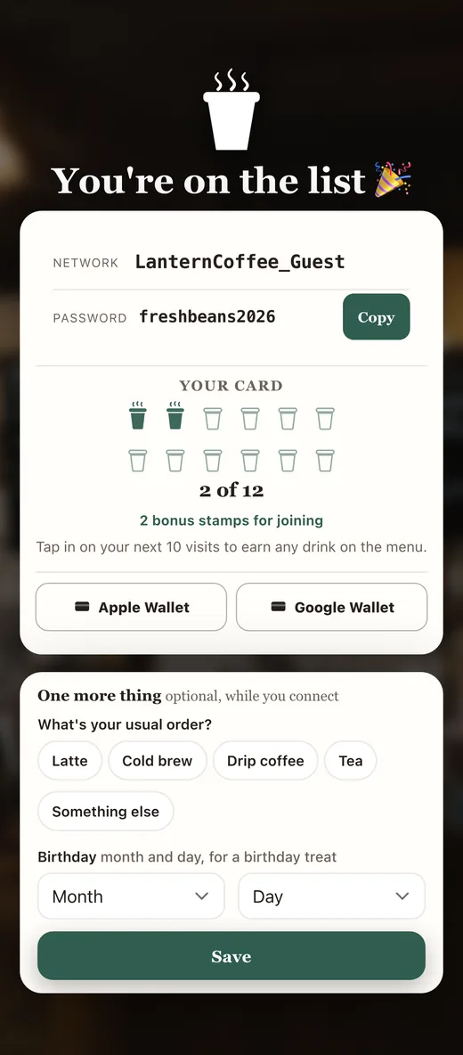 The customer's punch card on their phone, started at 2 of 12