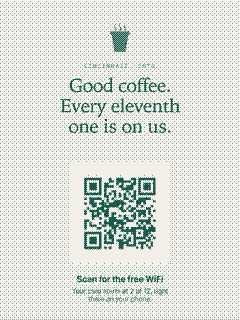 A printed table tent: the shop's offer and a QR that starts the card